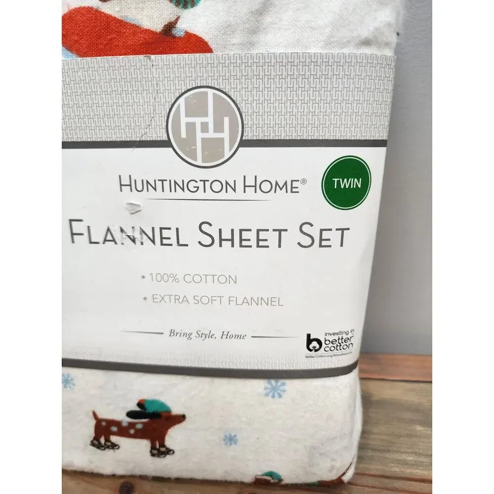 Huntington Home 3 PC Twin 100% Cotton Flannel Sheet Set Dog Fun In The Snow